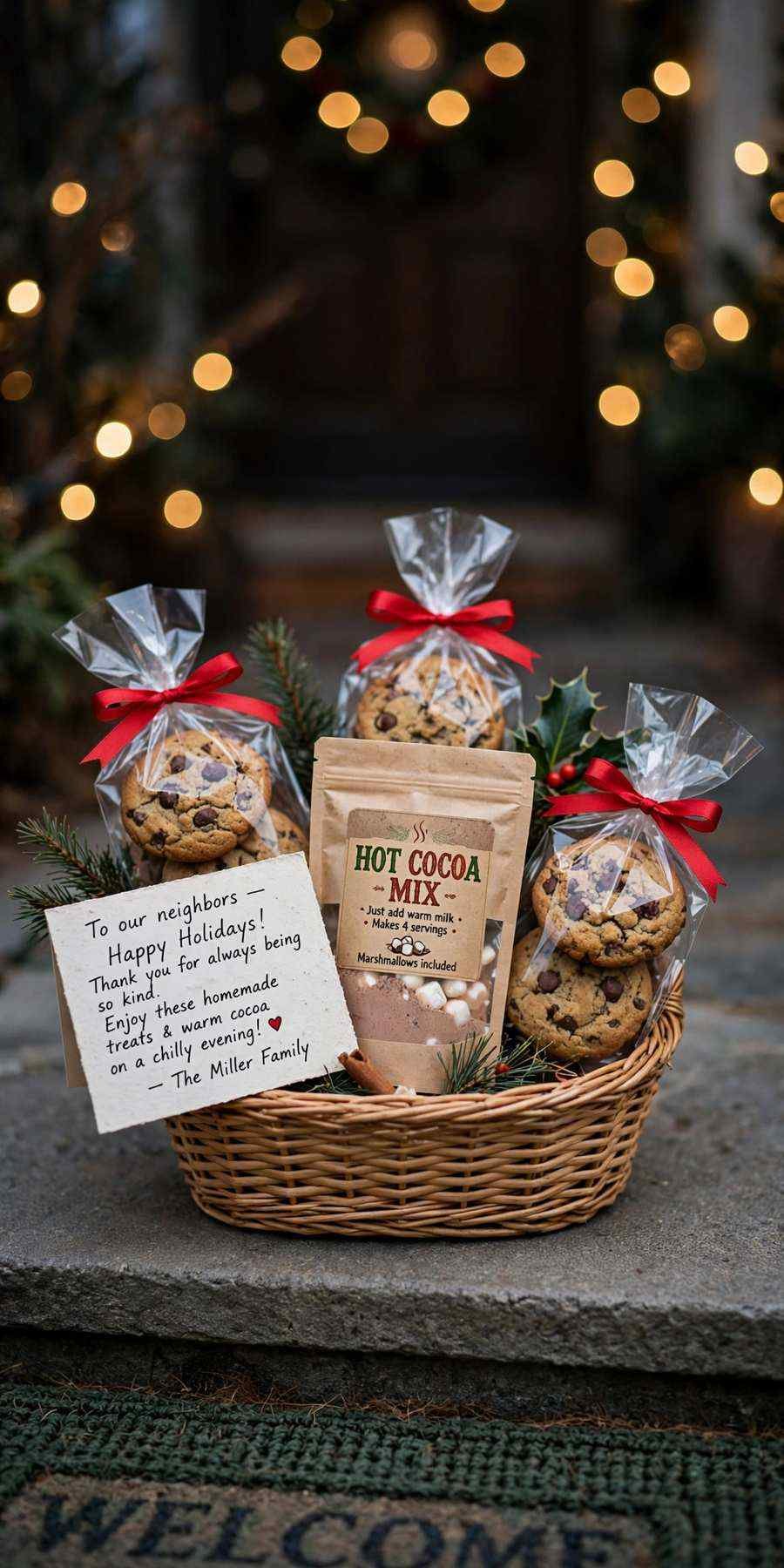 christmas gift baskets: neighbor's sweet treat basket with cookies and cocoa mix