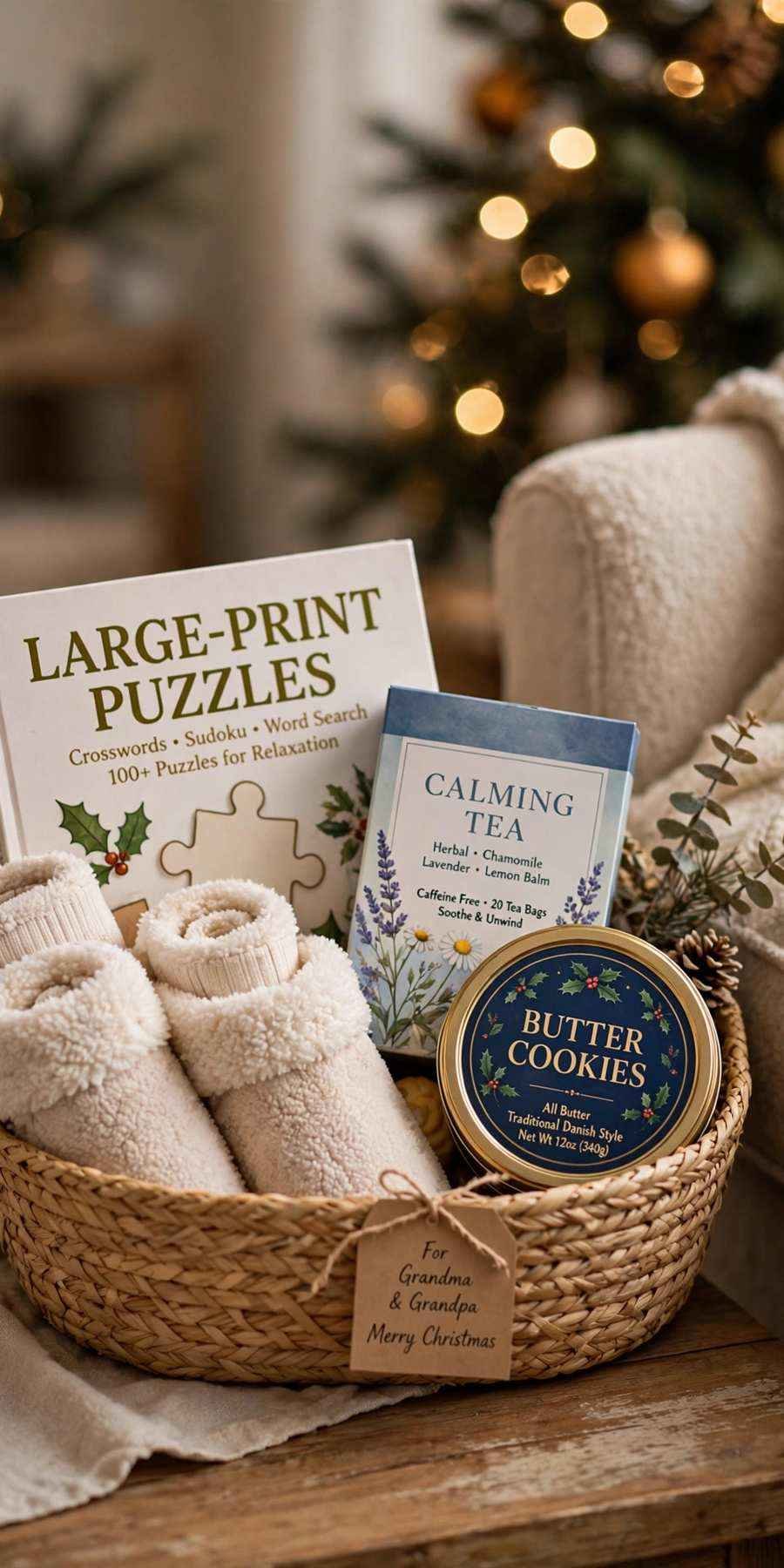 christmas gift baskets: grandparent's cozy basket with slipper socks, tea and cookies