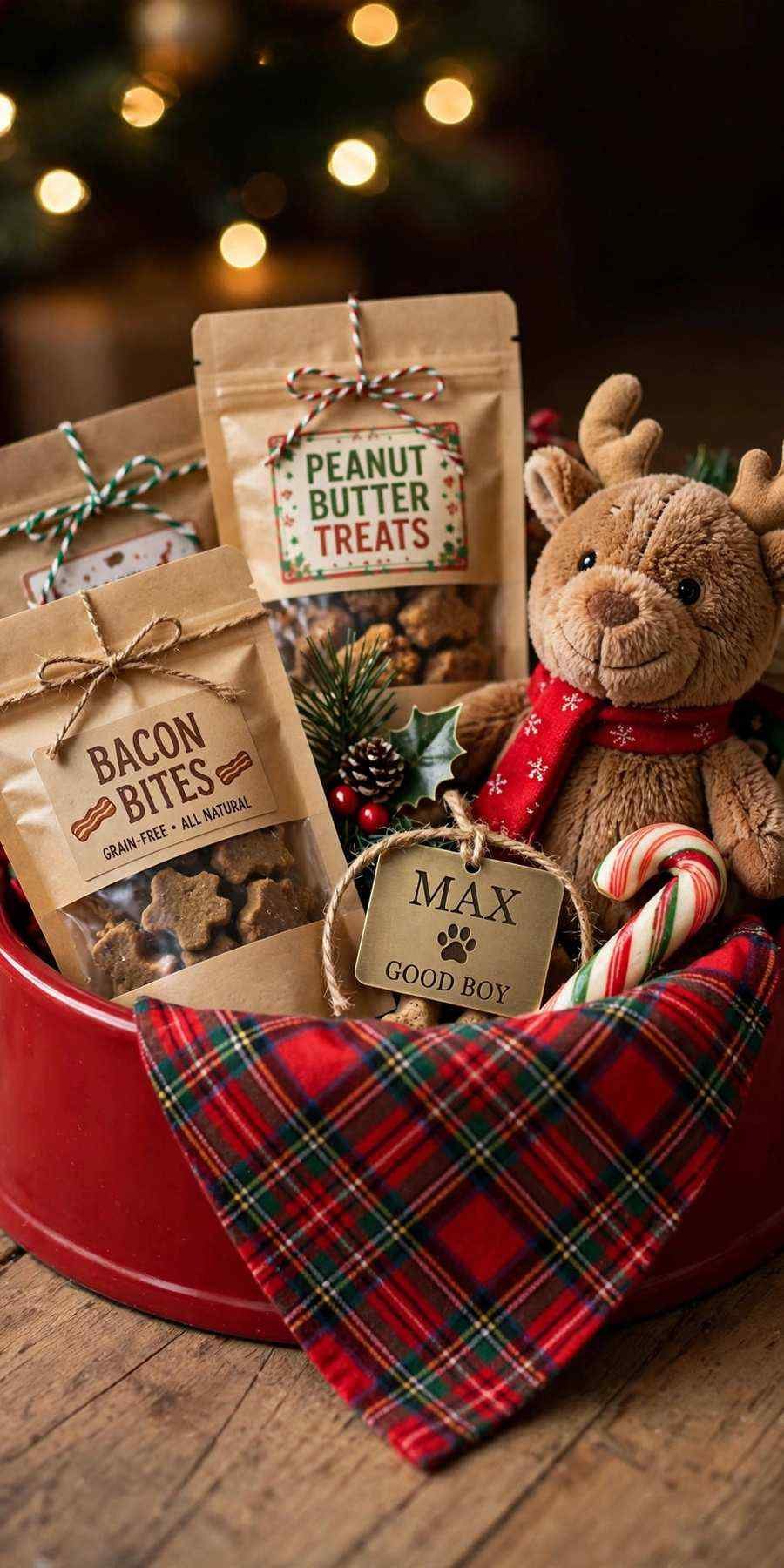 christmas gift baskets: pet lover's basket with treats, toy and bandana in a bowl