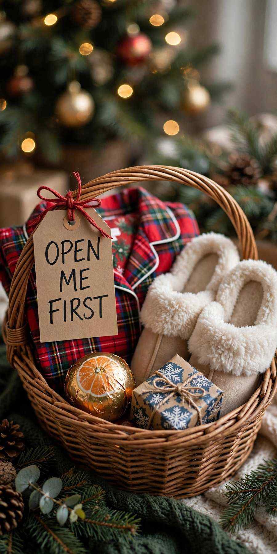 christmas gift baskets: open me first morning basket with pajamas and chocolate orange