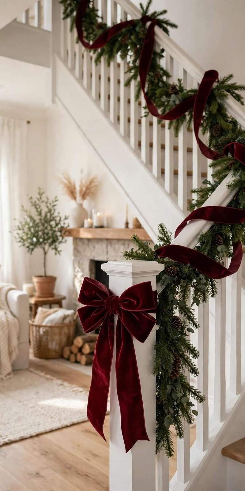 garland staircase: wide velvet ribbon woven through garland on white railings