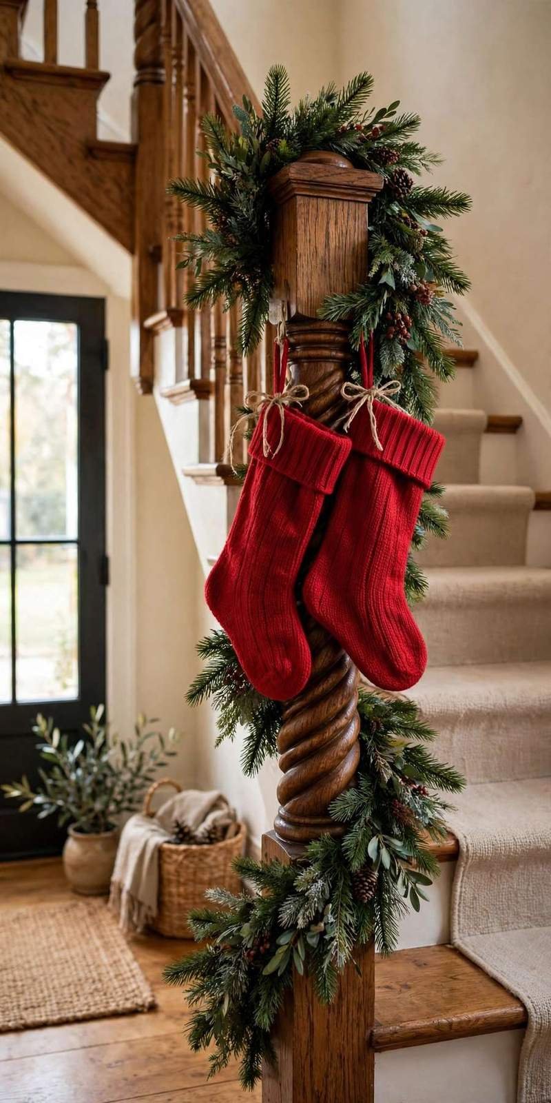 garland staircase: knit stockings hung on garland-wrapped newel posts