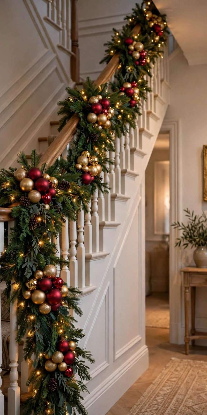 garland staircase: banister garland studded with red and gold ornaments