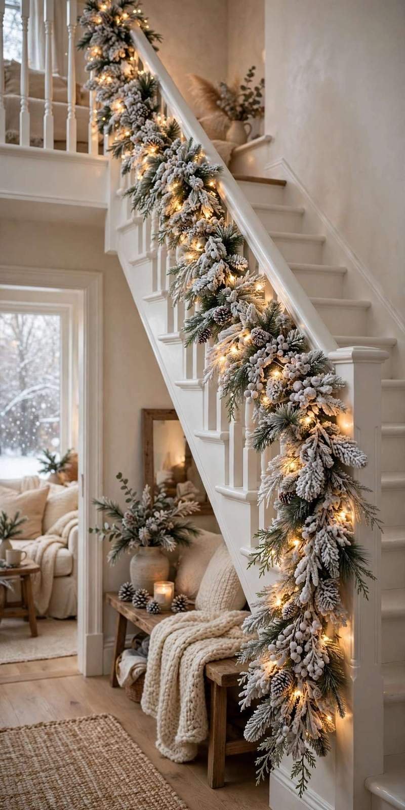 garland staircase: flocked snow garland glowing on white stair rails