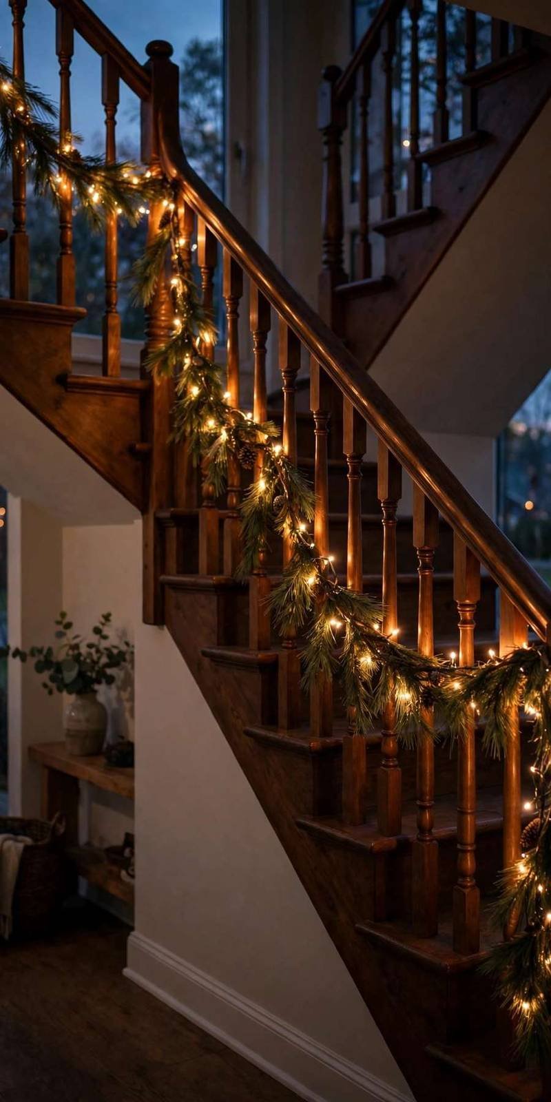 garland staircase: fairy lights woven through garland swags on a staircase at dusk