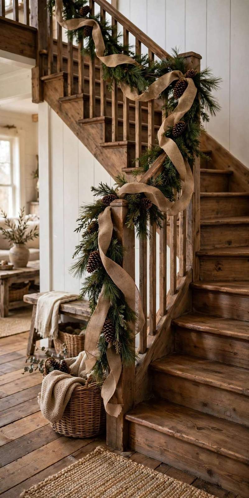 garland staircase: burlap ribbon and pinecones woven through rustic stair garland