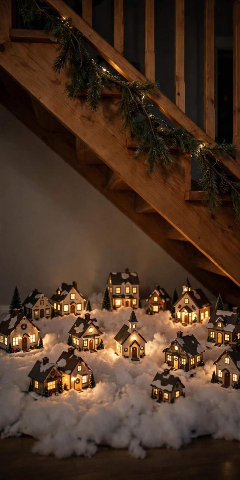 garland staircase: lit miniature christmas village glowing under the stairs