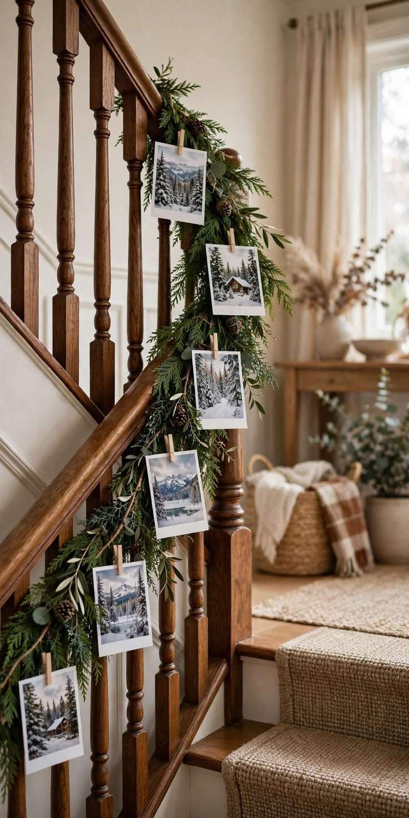 garland staircase: christmas photo cards clipped to garland along the stair banister