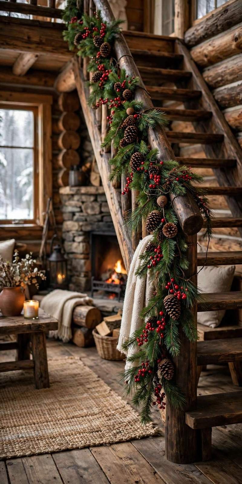 garland staircase: pinecones and red berries wired into a natural banister garland