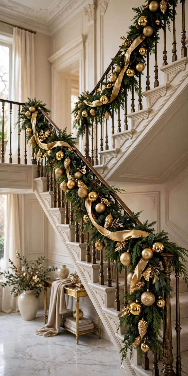 garland staircase: gold ornaments and ribbon in a glamorous stair railing garland