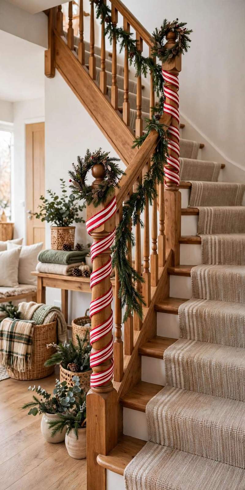 garland staircase: newel posts wrapped in red and white candy-cane stripes with garland