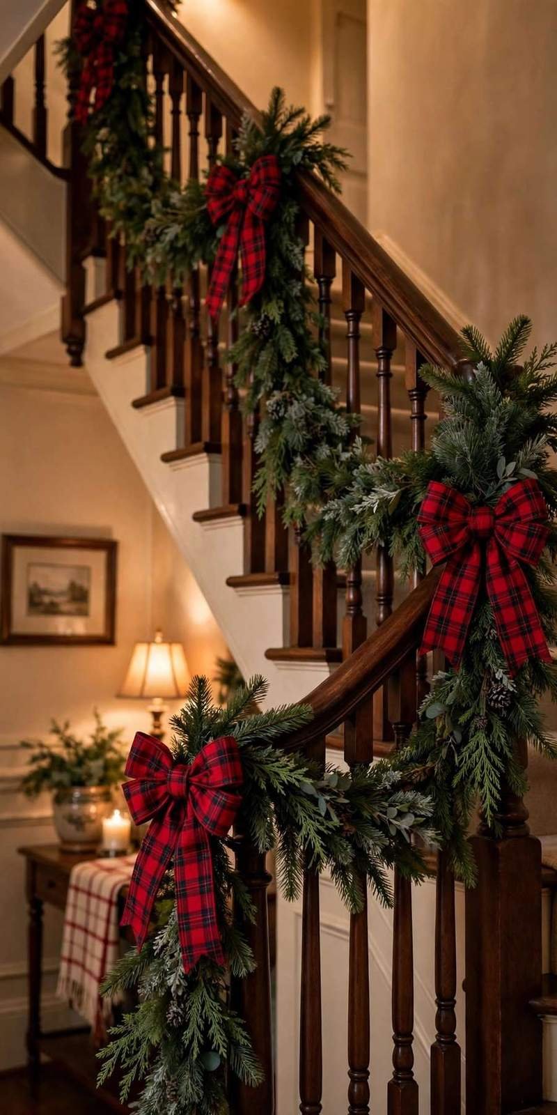 garland staircase: plaid bows tied at each swag of green banister garland