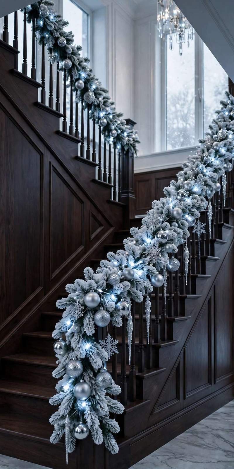 garland staircase: frosted white garland with silver ornaments on a dark wood staircase