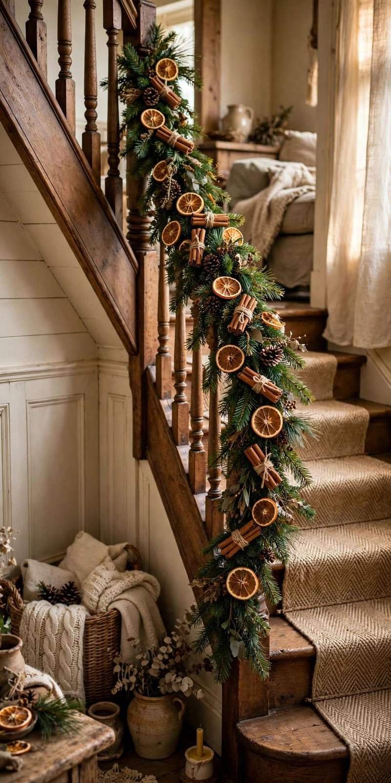 garland staircase: dried orange slices and cinnamon sticks in banister garland
