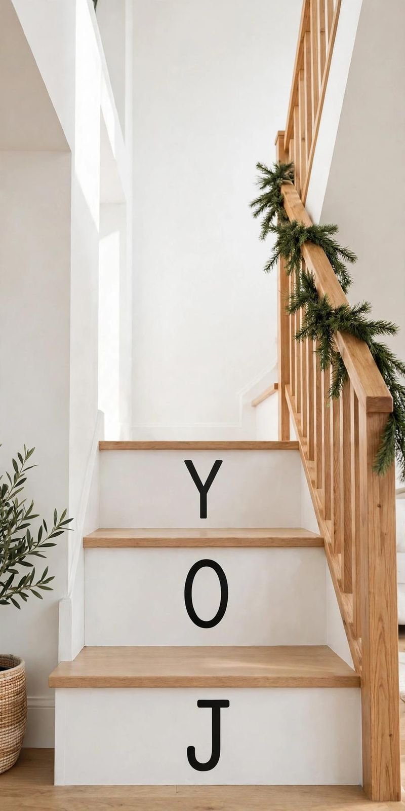 garland staircase: JOY letter decals on white stair risers with garland banister
