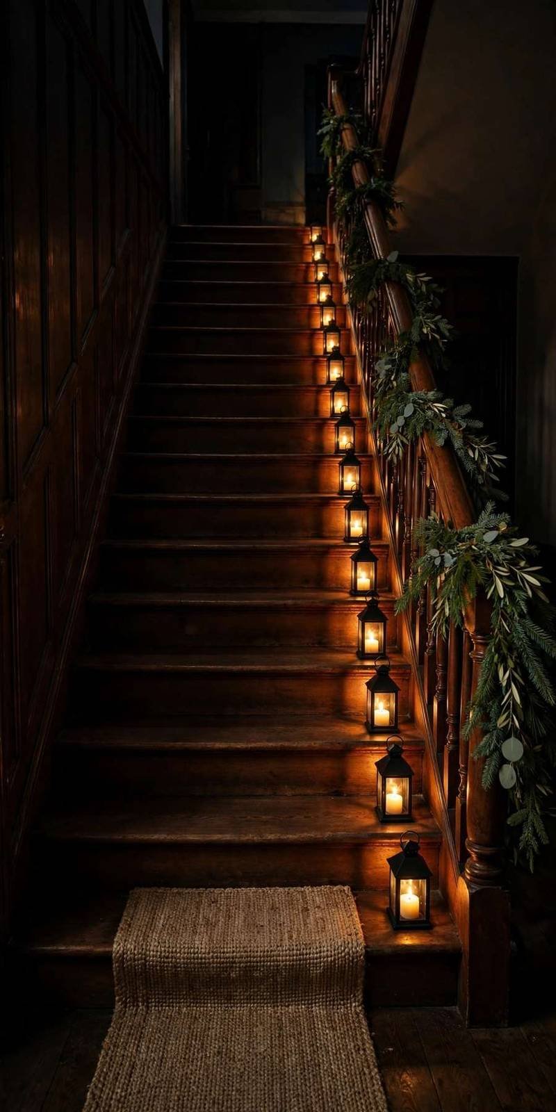garland staircase: glowing lanterns lining stair treads beside a garland-dressed banister