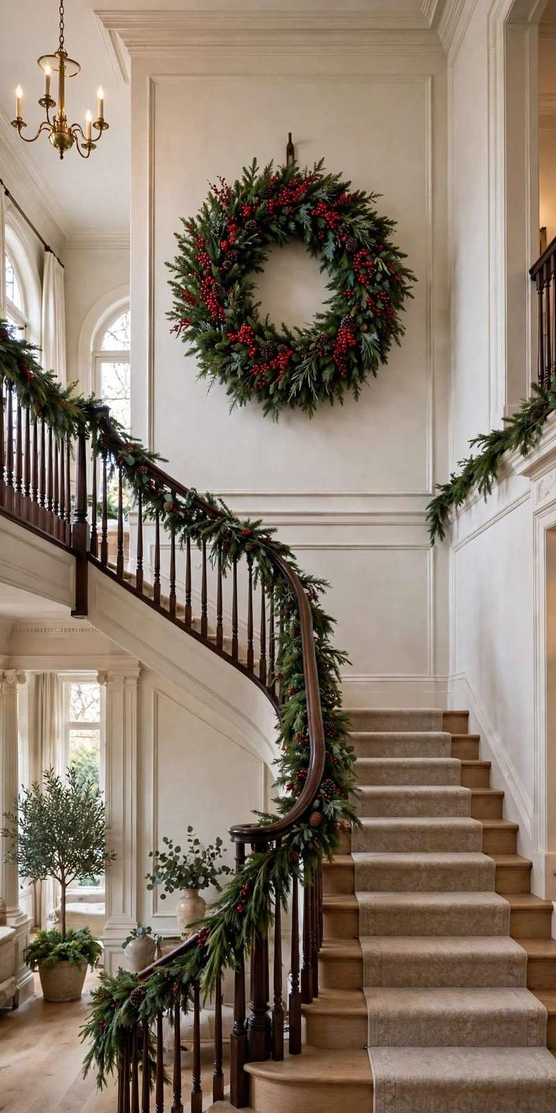 garland staircase: oversized wreath on the landing wall above a garland staircase