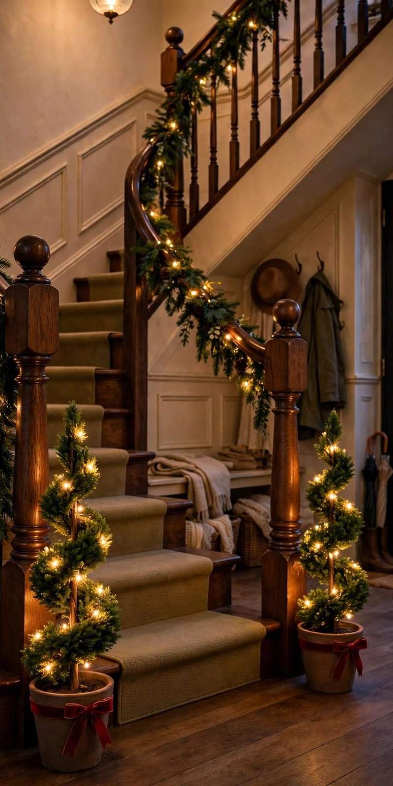 garland staircase: lit topiary pots flanking newel posts at the base of the stairs