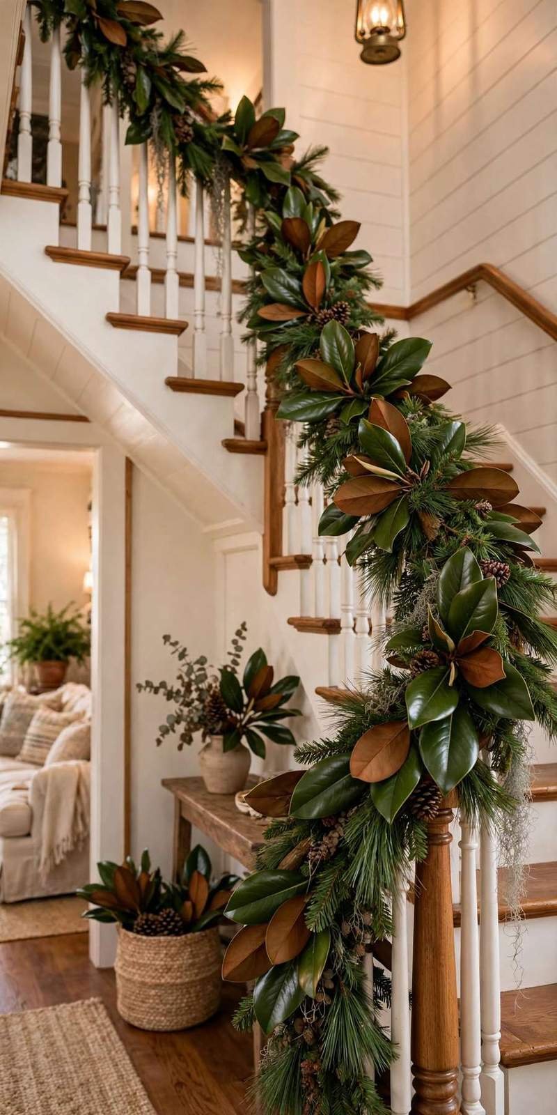 garland staircase: fresh pine and glossy magnolia leaves on a stair banister