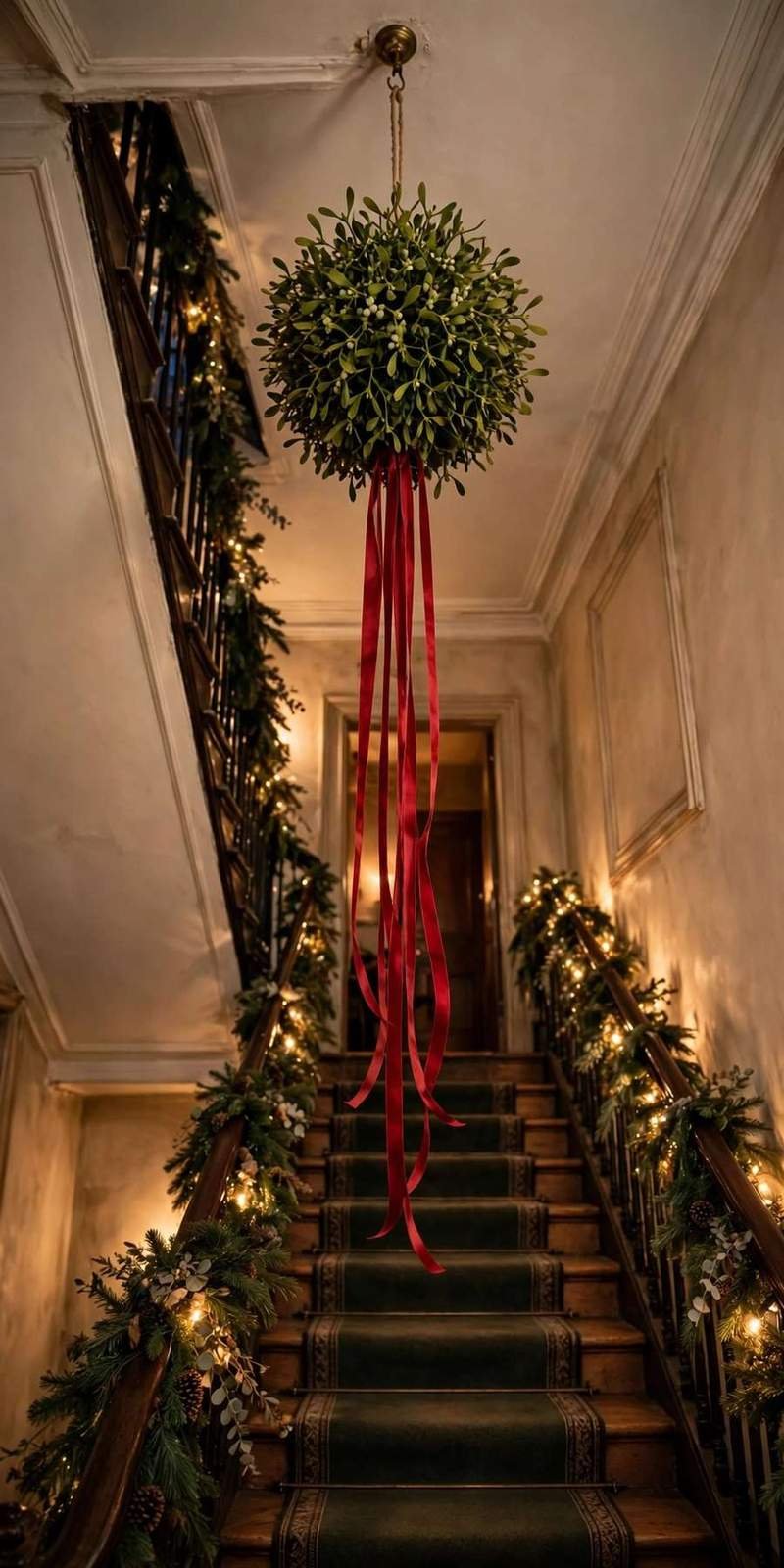 garland staircase: mistletoe ball hanging in the stairwell above a garland staircase