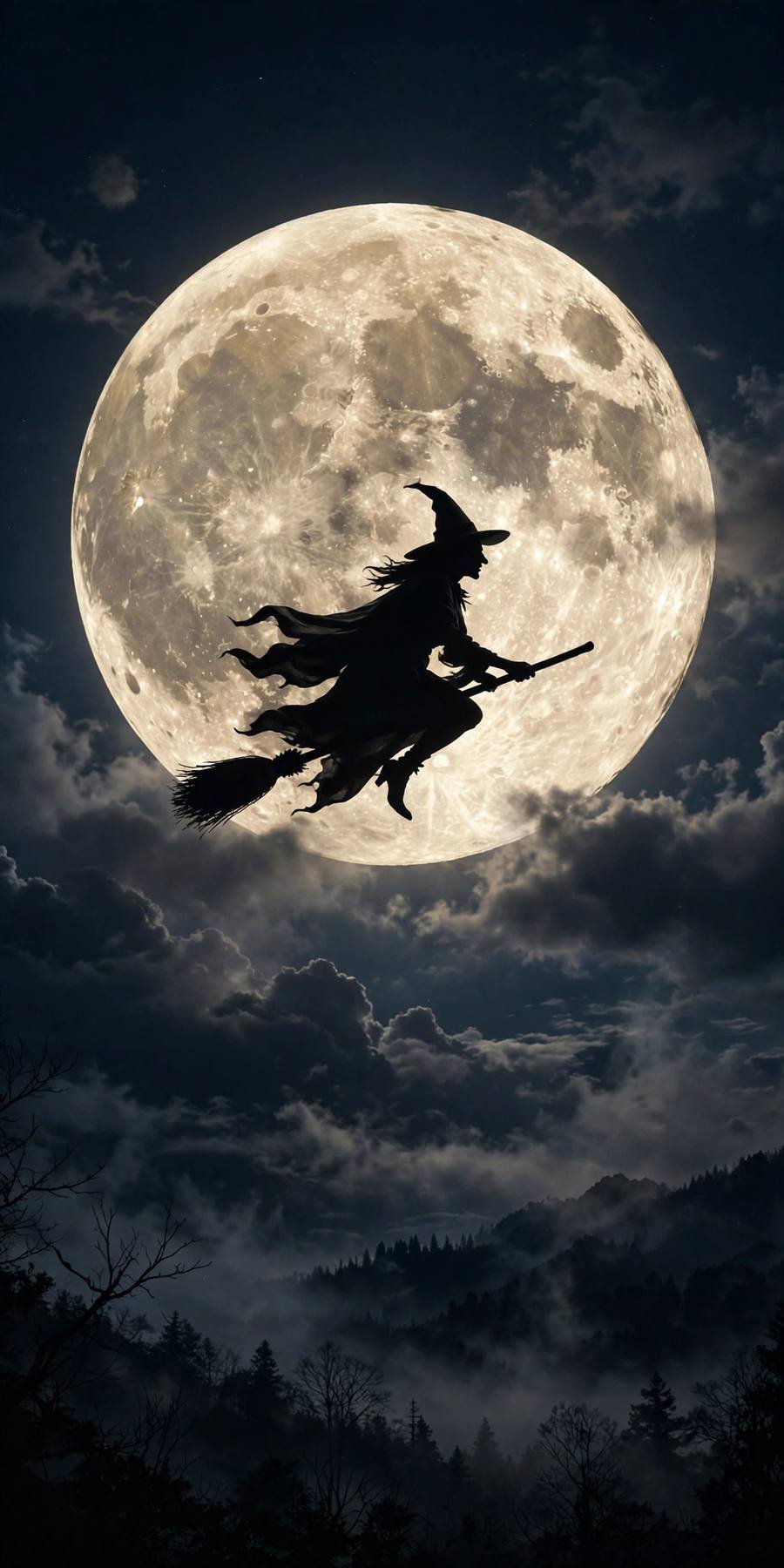 Halloween wallpaper ideas: witch silhouette flying across full moon