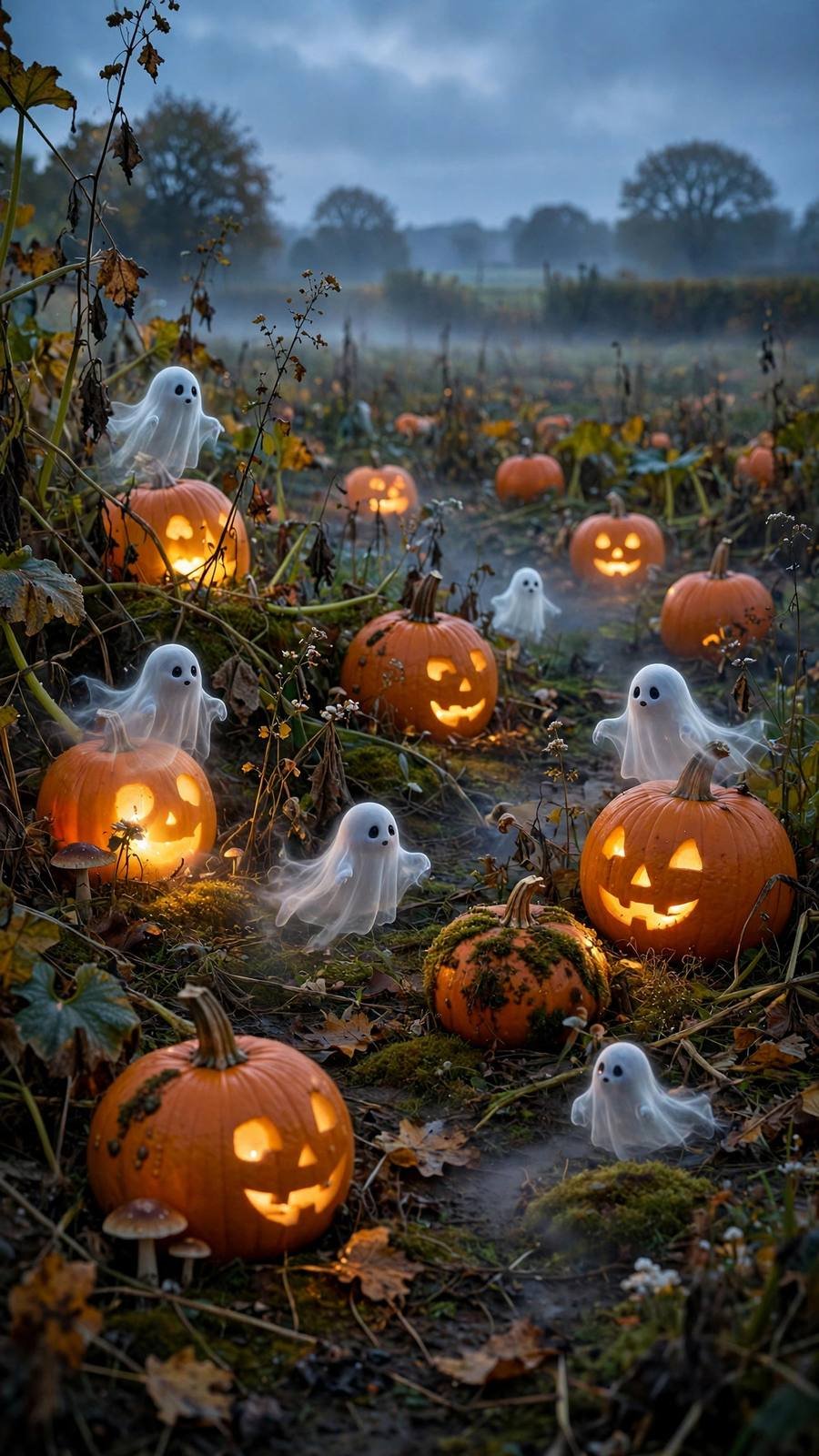 Halloween wallpaper ideas: cute ghosts among glowing pumpkins
