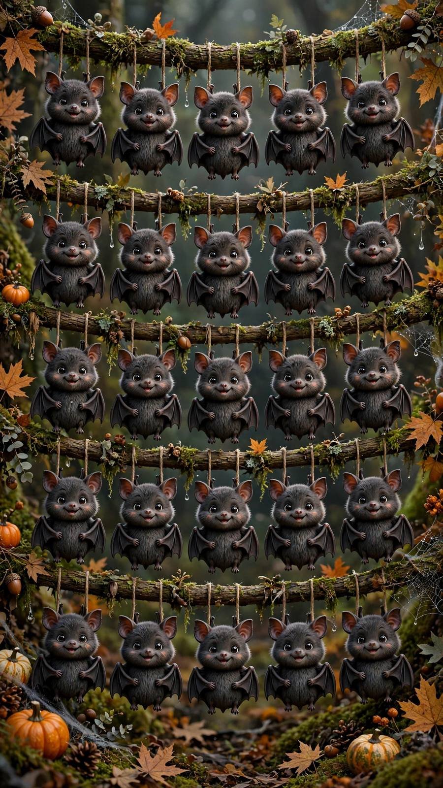 Halloween wallpaper ideas: cute cartoon bats hanging in rows