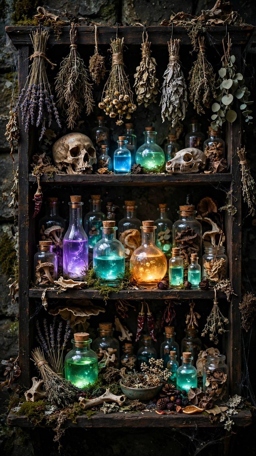 Halloween wallpaper ideas: witch apothecary shelf with glowing potions