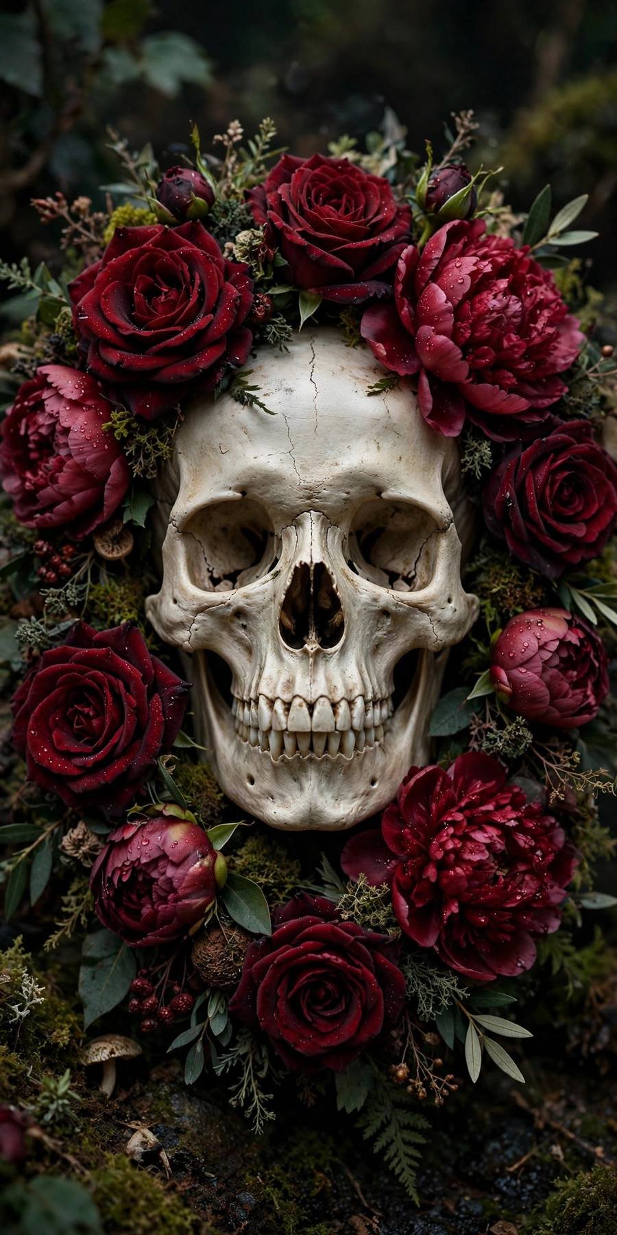 Halloween wallpaper ideas: skull wreathed in dark roses