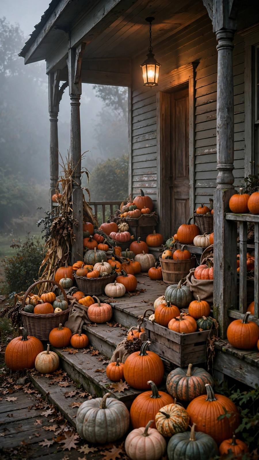 Halloween wallpaper ideas: pumpkin-covered porch in evening fog