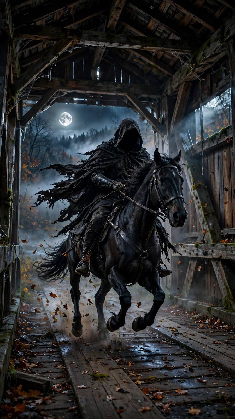 Halloween wallpaper ideas: headless horseman galloping through covered bridge