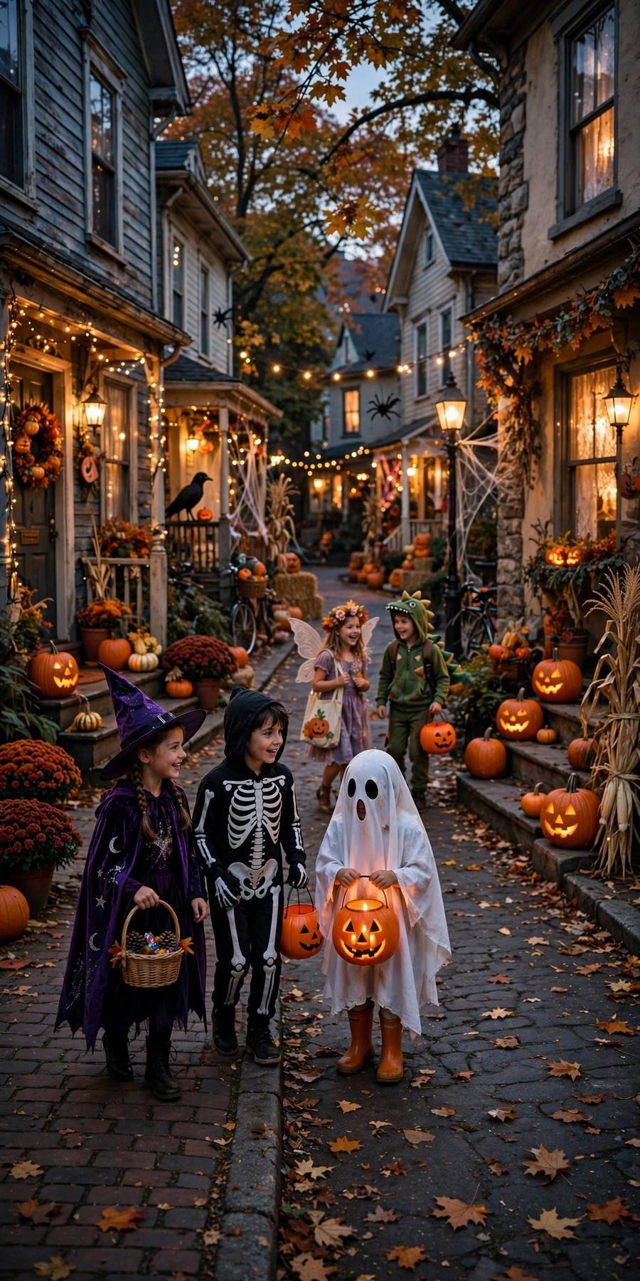 Halloween wallpaper ideas: trick-or-treat street with decorated houses