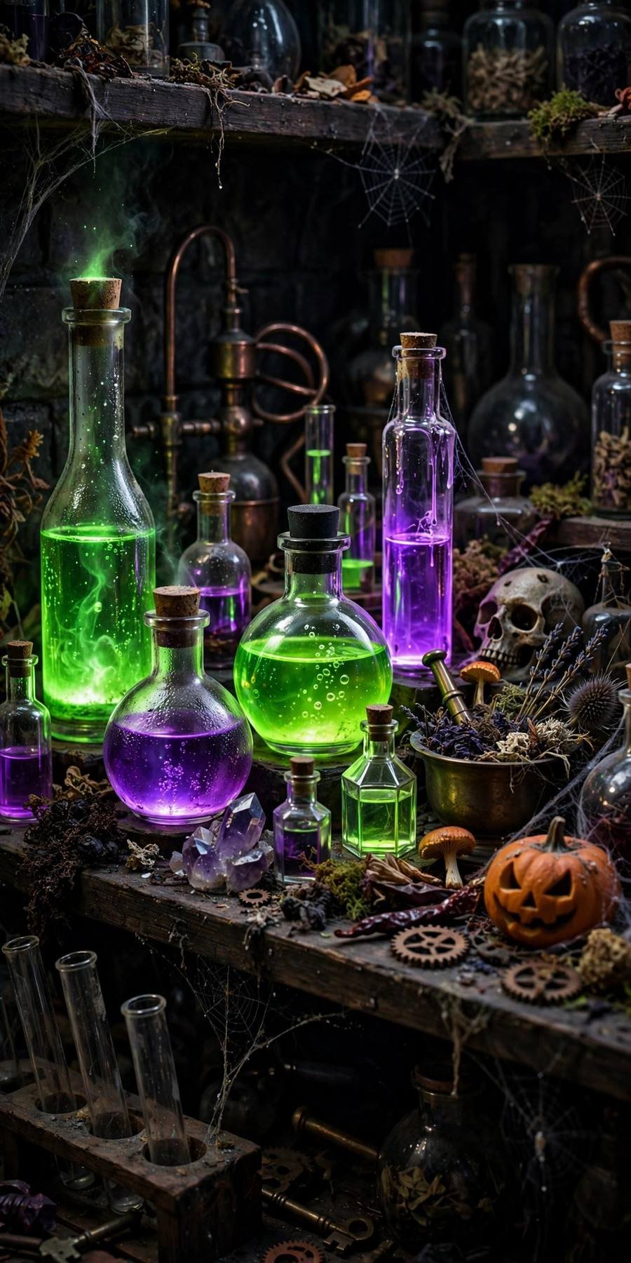 Halloween wallpaper ideas: glowing neon potion bottles on dark shelf