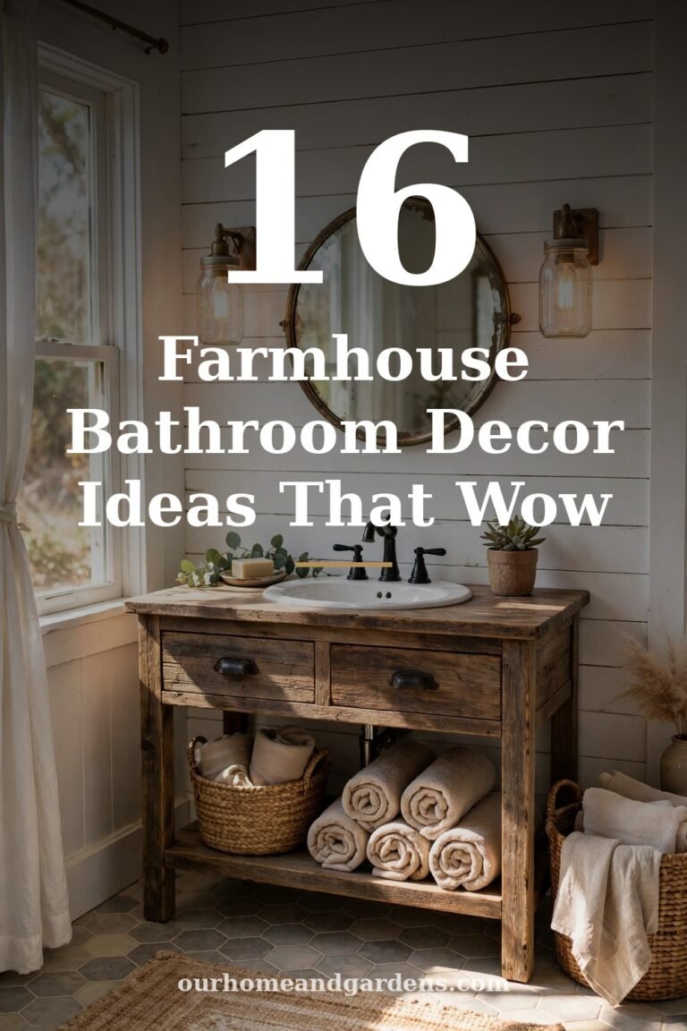 16 Farmhouse Bathroom Decor Ideas That Wow — farmhouse bathroom decor ideas Pinterest graphic