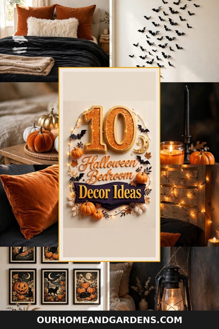 Halloween bedroom decor ideas — collage of spooky bedroom decor photos