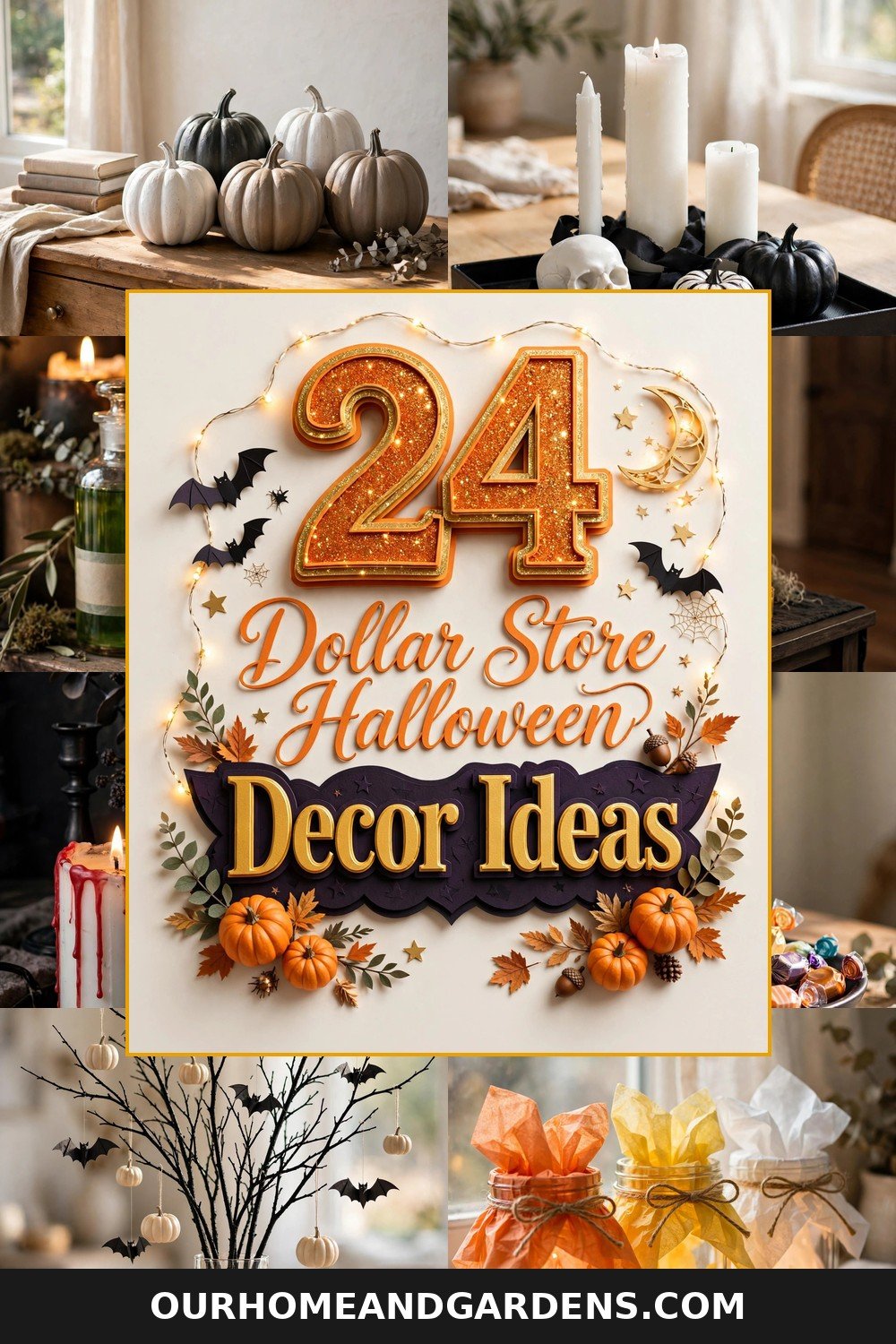 24 Dollar Store Halloween Decor Ideas — hero collage with 3D Halloween typography