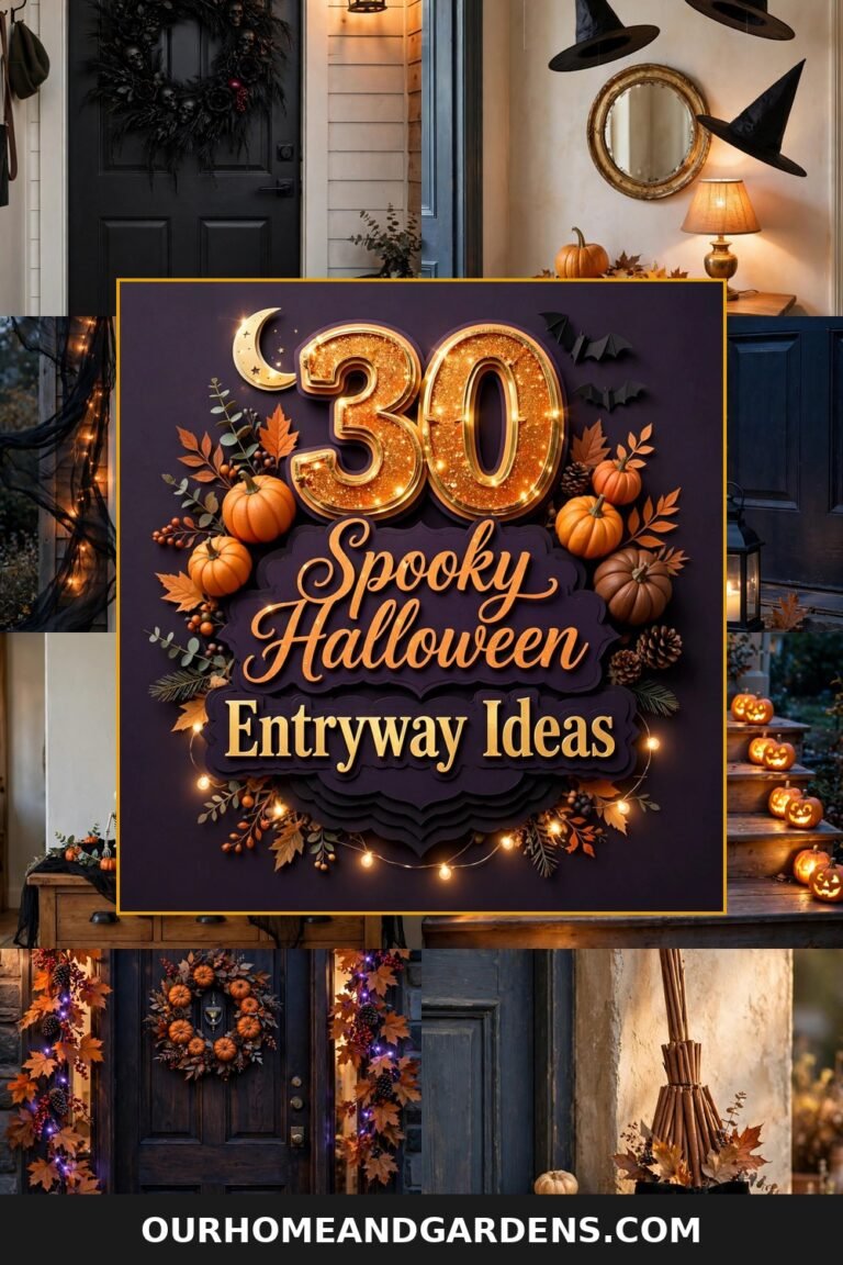 Halloween entryway decor ideas — collage of spooky entryway decorations