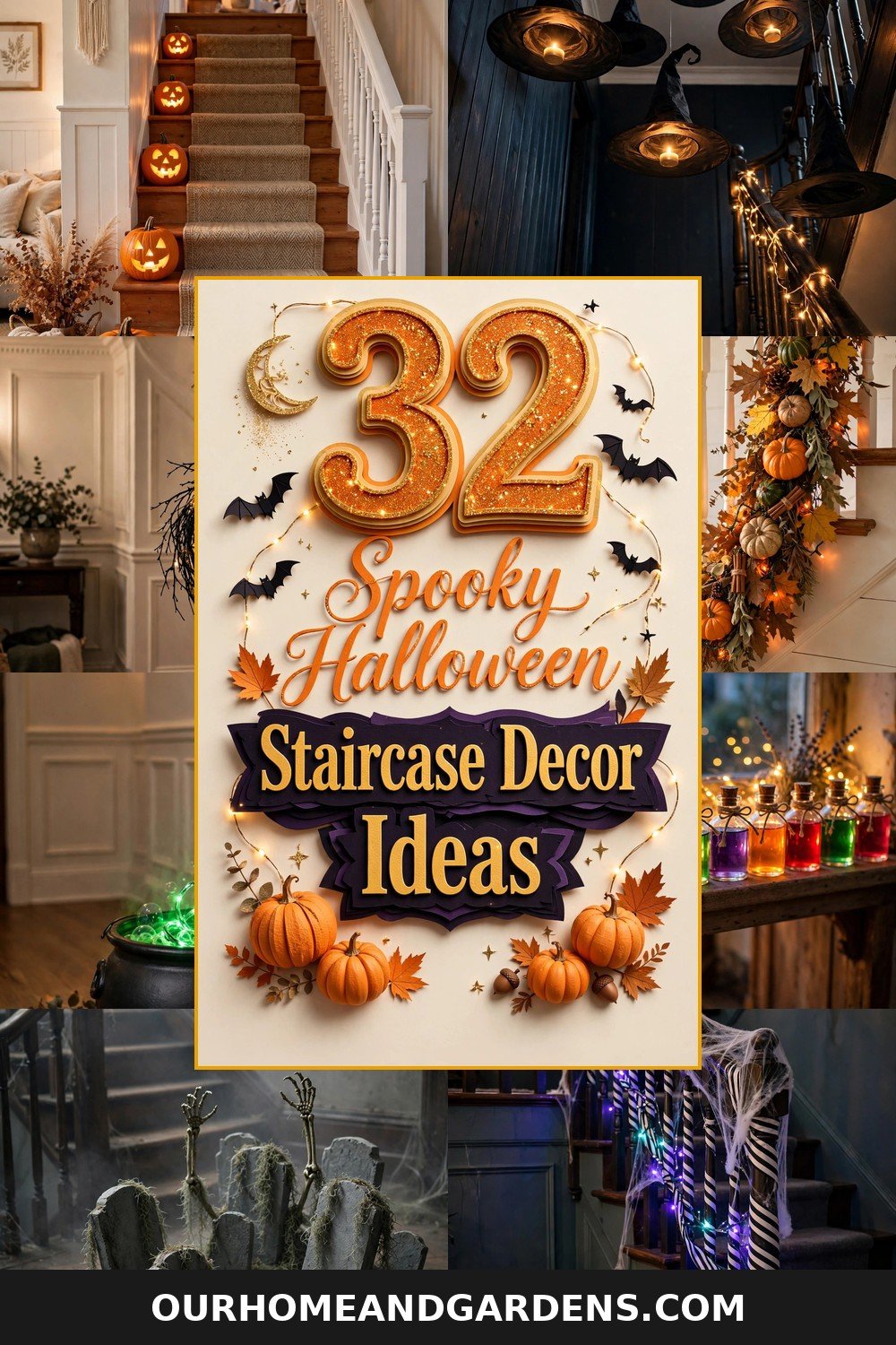 32 spooky Halloween staircase decor ideas collage with 3D typography