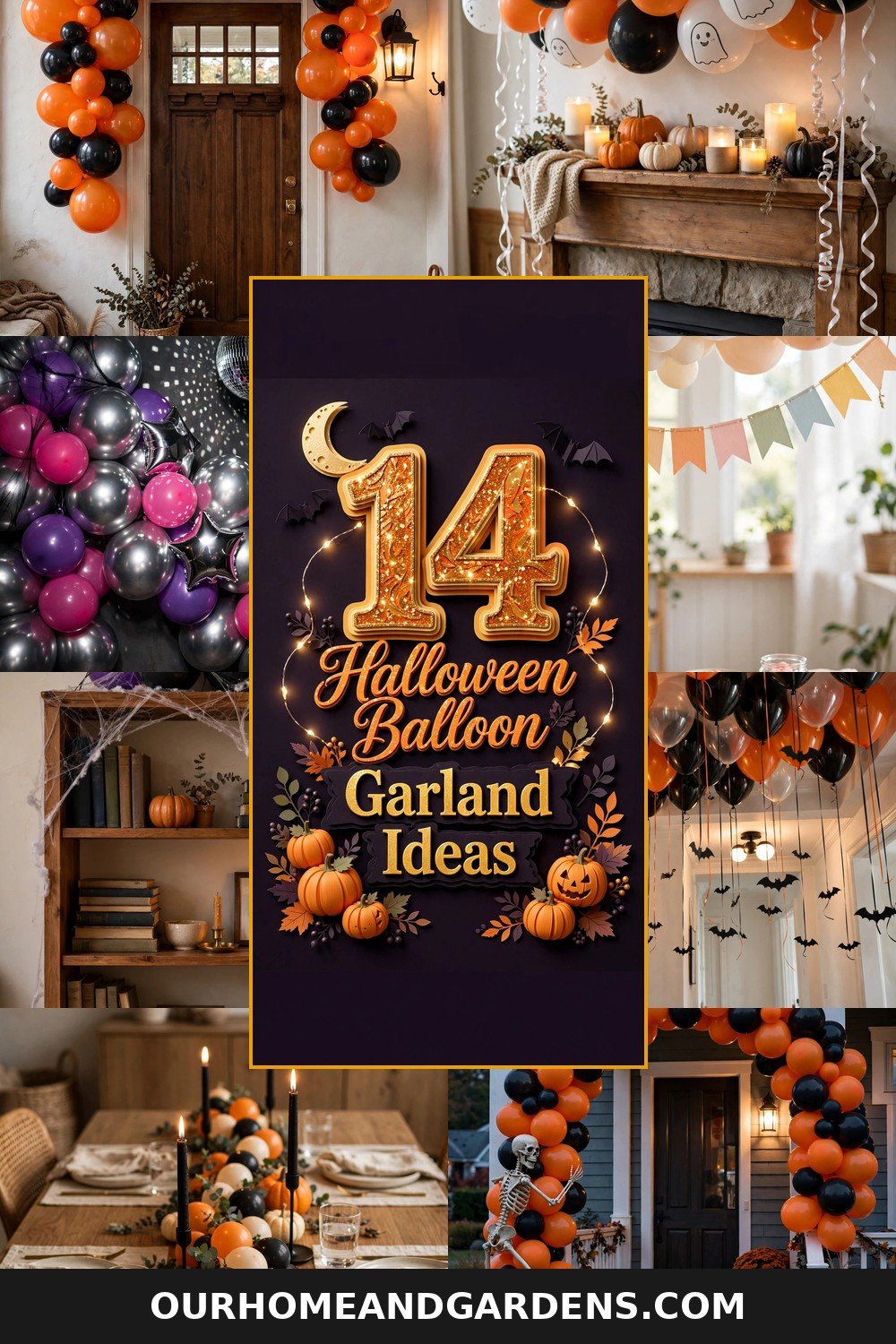 14 Halloween balloon garland ideas — collage of balloon garland styles