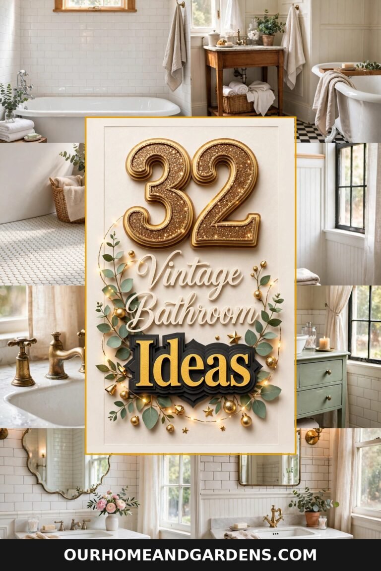 32 vintage bathroom ideas hero collage with gold 3D typography