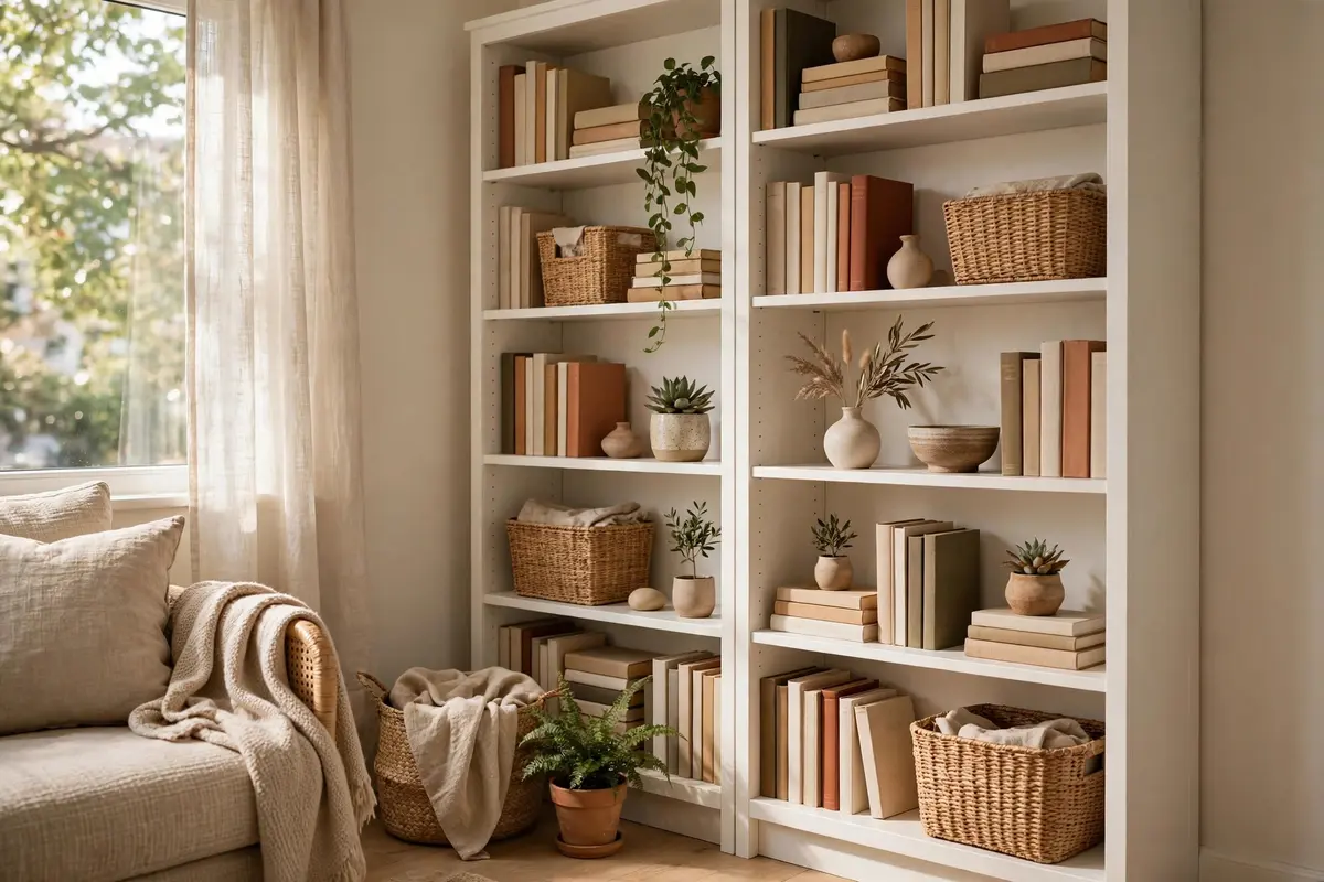 Floor-to-ceiling shelving — small apartment decor ideas for vertical storage