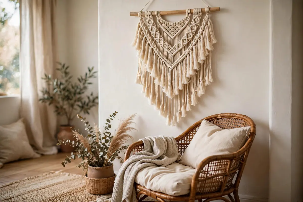 Handmade cream macrame wall hanging with layered fringe on a wooden dowel in a bohemian bedroom