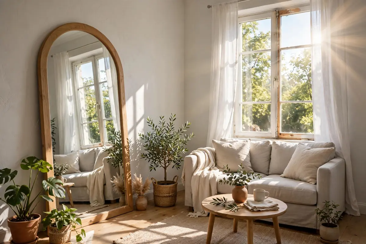 Large arched mirror — small apartment decor ideas for more light