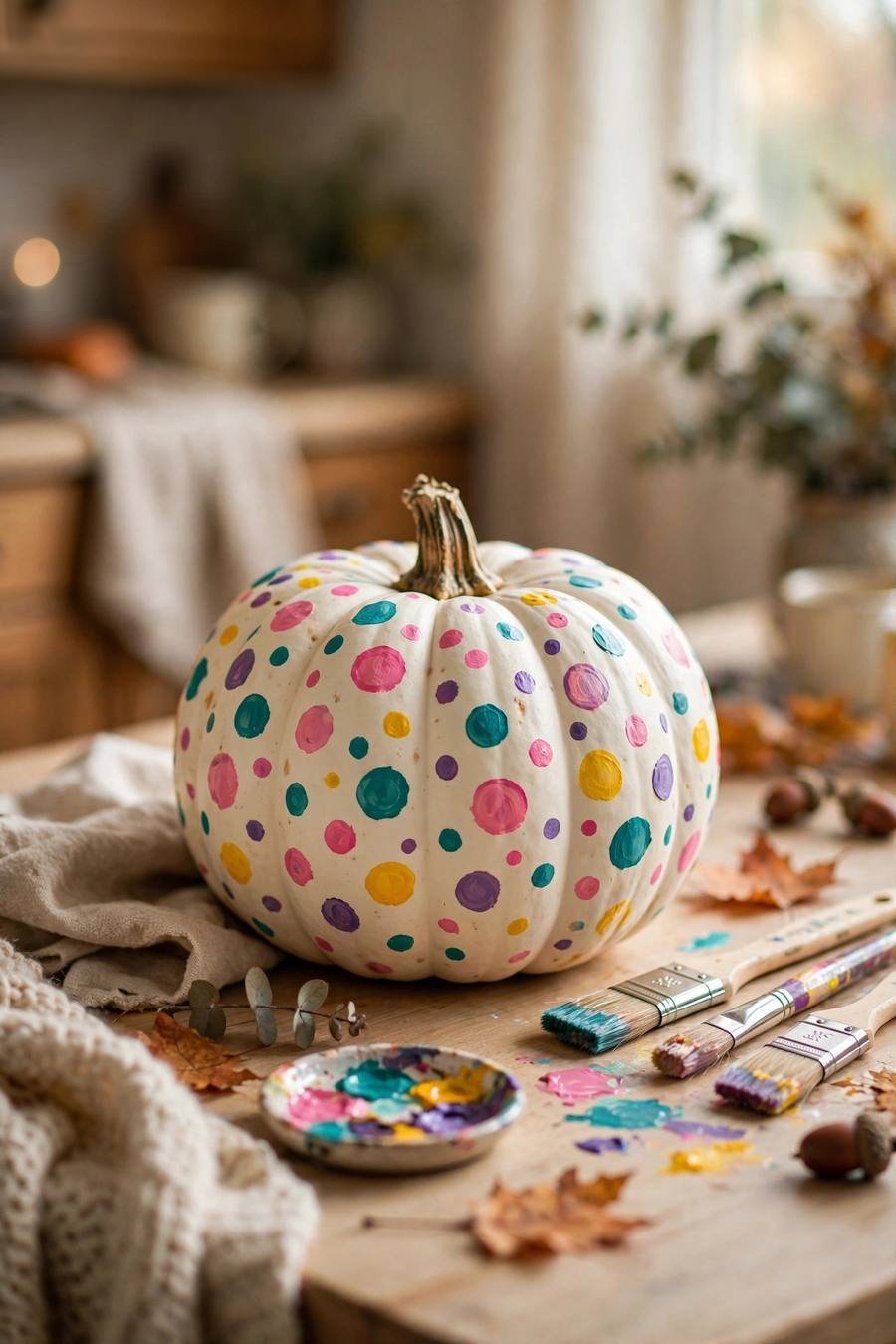 Pumpkin painting ideas: white pumpkin with colorful painted polka dots on a kitchen table
