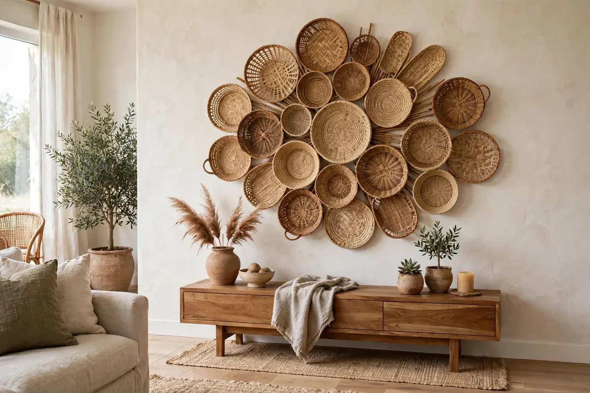 Woven basket gallery wall — handmade boho wall decor ideas