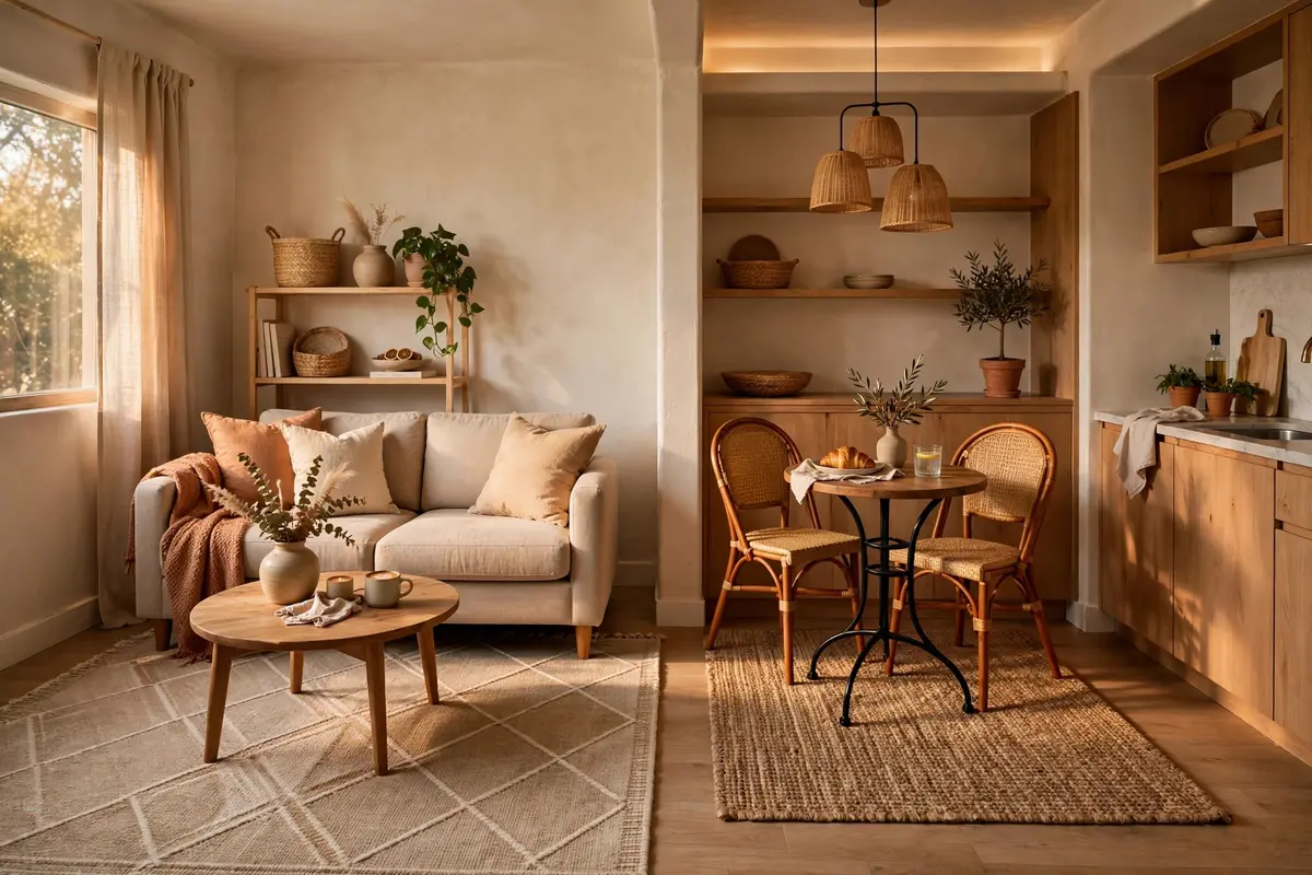 Area rugs zoning a small studio apartment into living and dining areas.