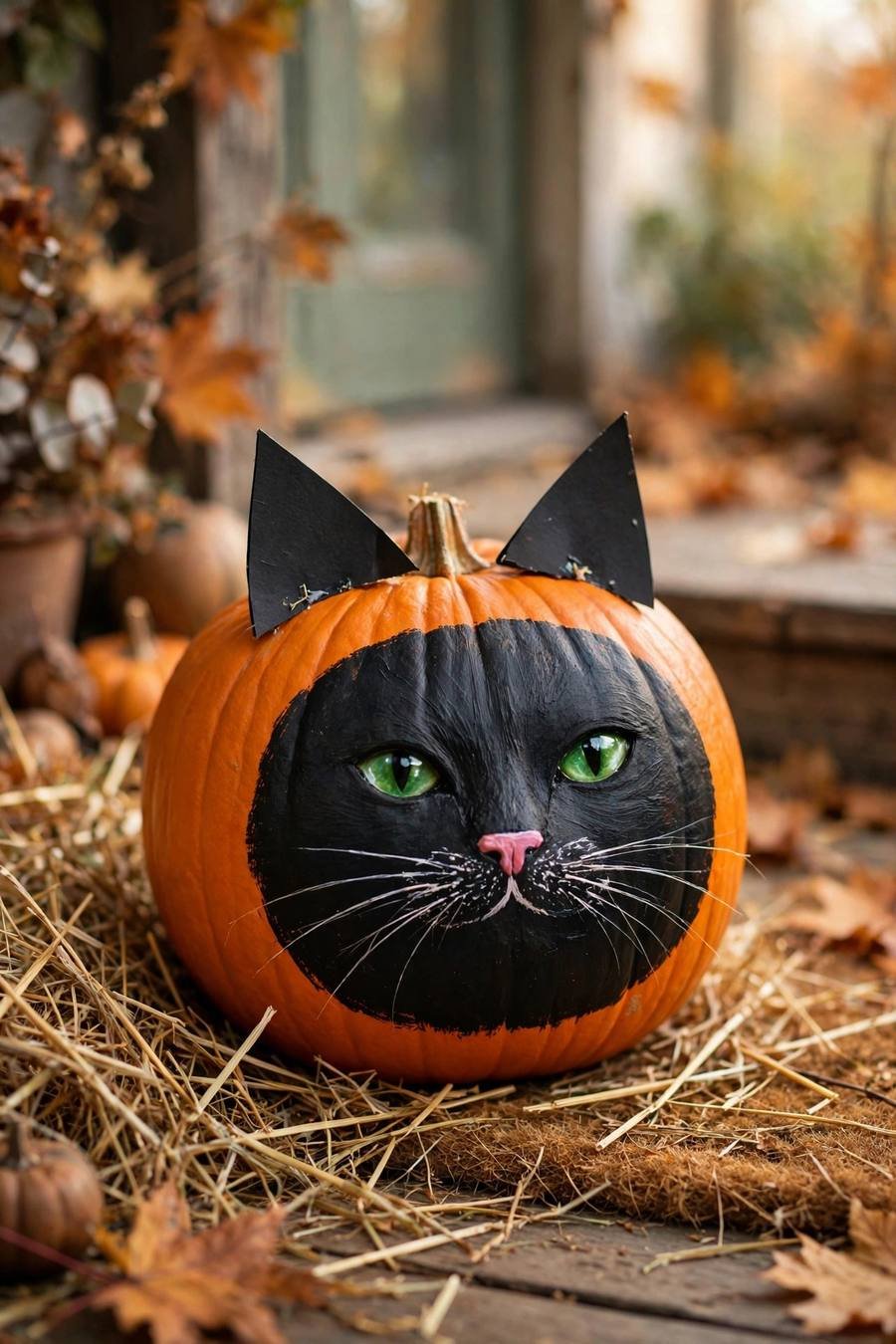 Pumpkin painting ideas: black cat face painted on an orange pumpkin on a doorstep