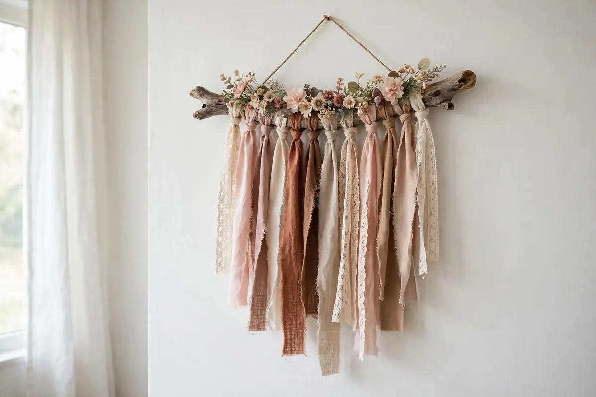 Lace and fabric strip boho wall hanging tied to a natural driftwood branch