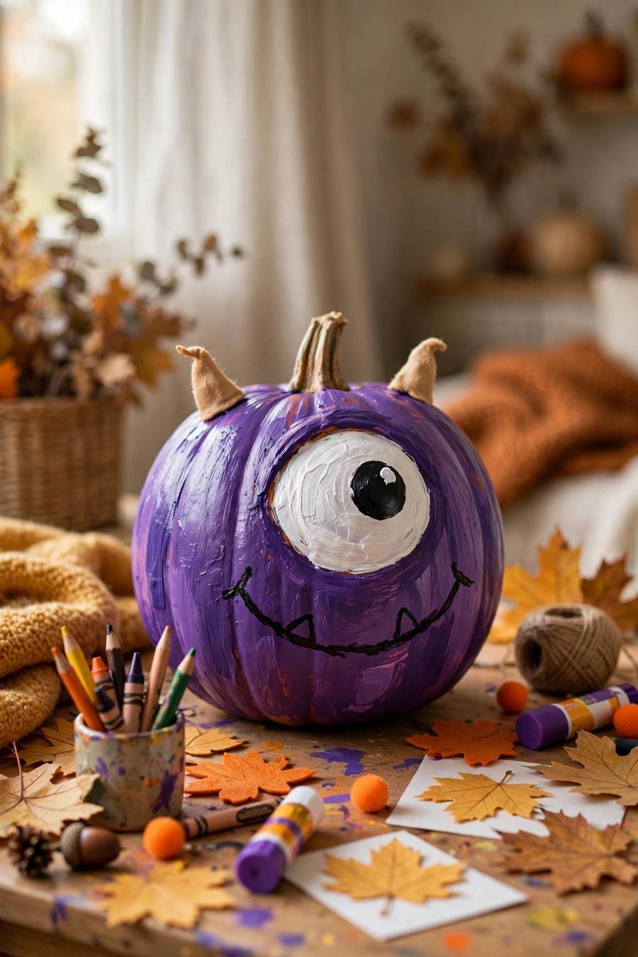 Pumpkin painting ideas: goofy purple one-eyed monster pumpkin on a kids' craft table