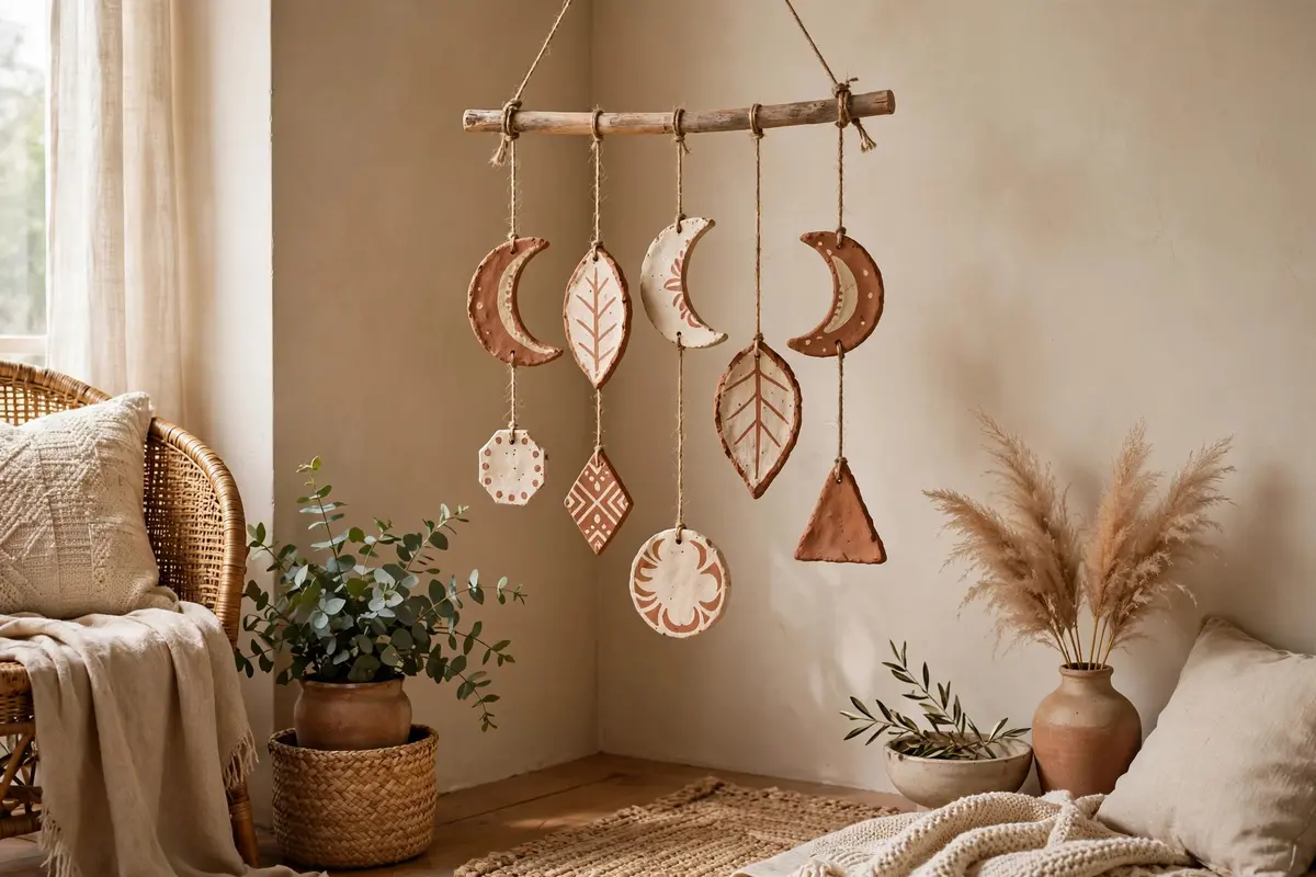 Handmade air-dry clay moon and leaf mobile hanging from a wooden dowel by jute cord
